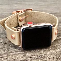 18mm Wide Eco Friendly Soft Leather Bracelet For Apple Watch Series 6 5 4 3 2 1 Includes Rose Gold Filled Stainless Steel Connectors/Adapters With Rose Gold Plated Brass Metal Buckle Clasp & Rivets Adjustable Size Elegant Fashion Accessory Wristband Designed And Handmade By Simeon D Jewelry Studio Please Measure Your Wrist As Pictured & Select Size Perfect Stylish Gift Idea For Any Holiday Or Occassion Not For Other Models. Apple Smartwatch Is Not Included Gold Leather Strap Watch Band For Everyday, Everyday Gold Watch Band With Leather Strap, Gold Watch Band With Leather Strap For Everyday, Everyday Gold Leather Strap Apple Watch Band, Gold Leather Strap Apple Watch Band For Everyday, Everyday Gold Apple Watch Band With Leather Strap, Leather Apple Watch Band As A Gift, Gold Watch Band, Wristband Design