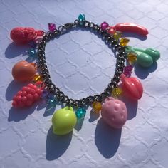 Fruit And Vegetable Salad Pastel Colored Plastic Charm Bracelet Retro Handmade Acrylic Sparkle Beads Charm Beaded Bracelet, Taste The Rainbow, Fun Color, Bead Charm Bracelet, Vegetable Salad, Womens Jewelry Bracelets, Beaded Bracelet, Bead Charms, Pink And Green