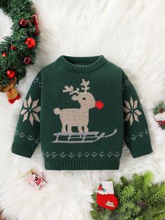 Baby Boys' Christmas Deer Pattern Pullover Sweater, Fall/Winter Dark Green   Long Sleeve Knitwear Animal,Christmas,Geometric,Holiday Pullovers High Stretch  Baby Boys Clothing, size features are:Bust: ,Length: ,Sleeve Length: Christmas Embroidery Sweater, Boys Winter Clothes, Baby Boy Winter Outfits, Baby Boy Sweater, Baby Boy Christmas, Deer Pattern, Embroidery Sweater, Baby Christmas Outfit, Boys Sweaters