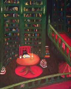 a painting of a room with bookshelves and a cat sitting on a chair