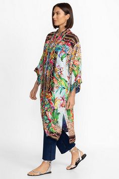 Crafted from 100% silk, the Ymeriah Kimono is a lightweight layer perfect for warmer days. Designed with an open front and half-sleeves, this fully reversible kimono features two beautifully intricate designs for versatility in styling. Layer fitted jeans and a flowing tank for a chic casual ensemble. Johnny Was Women's Ymeriah Kimono in Coopera Scarf Print Blue, Size XL, 100% Silk Spring Daywear Long Sleeve Kaftan, Multicolor Tunic With Kimono Sleeves For Spring, Spring Multicolor Tunic With Kimono Sleeves, Silk Tunic For Spring Vacation, Silk Tunic For Spring Beach Days, Multicolor Silk Tunic For Spring, Spring Vacation Silk Tunic, Long Silk Kimono For Spring, Spring Long Rayon Kaftan