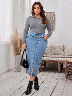 Plus Size Casual Vintage Wash Front Button Split Hem Fitted Denim Skirt For Autumn Light Wash    Denim Plain Pencil High Stretch  Women Plus Clothing, size features are:Bust: ,Length: ,Sleeve Length: Fitted Denim Skirt, Long Sleeve Denim Jacket, Jeans Casual, Girls Summer Outfits, Fall Skirts, Girls Denim, Casual Sets, Kids Sleepwear, Outdoor Wear