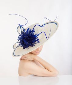 Gorgeous ivory sinamay hat. Adorned with handmade roya blue feather flower and quills. Kentucky Derby Party Hats, Pink Headpiece, Church Suits And Hats, Hat Decor, Royal Ascot Hats, Navy Hat, Beige Hat, Sinamay Hats, Couture Hats