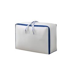 a white suitcase with blue trims on the front and bottom sides, sitting against a white background