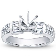 This engagement mounting is pave set with 18 brilliant cut round diamonds totaling 0.30ct and channel set with 6 baguettes totaling 0.34ct. This setting can accommodate any shape or size center stone. Only available in 14k White Gold, sizes 6 to 7. Baguette Cut Diamond Ring With Pave Setting, Wedding Diamond Ring With Baguette Cut Side Stones, Baguette Cut Diamond Ring With Side Stones, Classic Diamond Ring With Baguette Cut And Side Stones, Classic Baguette Cut Diamond Ring With Side Stones, Engagement Sets, Channel Set, Types Of Stones, Matching Band