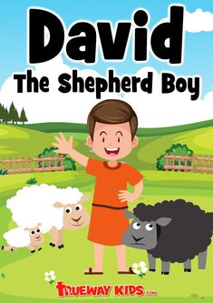 david the shepherd boy is standing in front of two sheep and an orange shirt with his arms outstretched