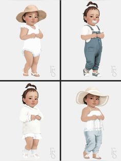 four different pictures of babys wearing hats and overalls, all in various poses