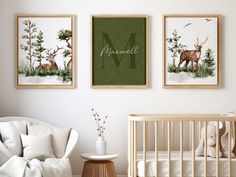 a baby's room with three framed pictures on the wall