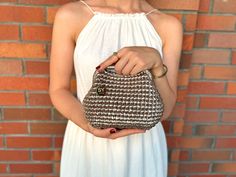 Timeless and high quality handmade crochet knitted product  ✅A stylish women's accessory for daily use, special occasions, invitations, evenings! Wedding Party season  has begun and this bag will be the perfect choice 🤩 you will shine like a star All eyes will be on you this season with our trendy Metallic clutch lined with luxuriously matching Satin, metallic vegan leather and rich jewel tone colours, and you can be sure that these jewels will stand out in the crowd. Whether it's a night out, Elegant White Handwoven Crochet Bag, Handmade Beige Crochet Bag For Evening, Elegant Beige Crochet Bag As A Gift, Elegant Beige Crochet Bag As Gift, Beige Handmade Crochet Evening Bag, Elegant White Woven Crochet Bag, Elegant Beige Crochet Clutch Bag, Elegant Handmade Brown Crochet Bag, Elegant Hand Knitted Crochet Bag For Gift