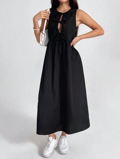 Women's Black Sleeveless Basic Fashion Dress With Bow Tie At Waist Black Casual  Sleeveless Woven Fabric Plain A Line Non-Stretch  Women Clothing, size features are:Bust: ,Length: ,Sleeve Length: Basic Fashion, Petite Women, Women Long Dresses, Kids Sleepwear, Black Sleeveless, Dress With Bow, Eos, Women Clothes Sale, All Fashion