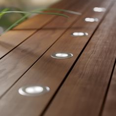 the wooden table has seven lights on it and is next to a plant with green leaves