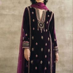 Beautiful stylish elegant velvet long kurti has embroidery over the neck and sleeves. It has resham thread, zari , sequence, and beads hand work. Palazzo has embroidery over the bottom Dupatta has scallop border with beads and small motifs all over ✨This dress can be customise in any other colour and in all size also ,please contact us regarding any changes if you want.We will make this dress as per your choice. ✨We use high quality fabric and threads for embroidery.You won't face any problem in Lohri Outfits, Velvet Salwar Kameez, Indian Formal Dresses, Kurta Ideas, Velvet Salwar, Velvet Palazzo, Simple Suits, Velvet Tunic Dress, Suit Dupatta