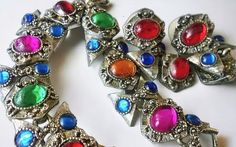 Multi Color Mogul Cabochon Bracelet Earring Set, Dangles, Antique Silver Tone, Vintage - Etsy Multicolor Cabochon Costume Jewelry, Multicolor Metal Jewelry For Party, Vintage Multicolor Cabochon Jewelry, Multicolor Metal Party Jewelry, Multicolor Cabochon Jewelry, Colorful Metal Jewelry For Gifts, Multicolor Nickel-free Retro Jewelry, Colorful Metal Jewelry As A Gift, Colorful Metal Jewelry As Gift