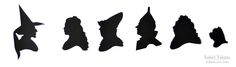 six different silhouettes of people with hats and tails