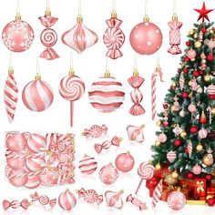 a christmas tree decorated with pink and gold ornaments, candy canes, ornament