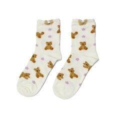 Wrap your feet in cozy cuteness with our Teddy Bear Crew Socks. These adorable socks feature lovable teddy bears and a comfortable crew design, making them perfect for all-day wear. Treat yourself or a loved one to these charming socks and add a touch of joy to any outfit. *Machine wash warm with like colors.  Use only non-chlorine bleach when needed. Tumble dry on low Black Leg Warmers, Food Socks, Black Opaque Tights, Cabin Socks, Burberry Vintage, Cat Socks, Running Socks, Thigh High Stockings, Calf Socks