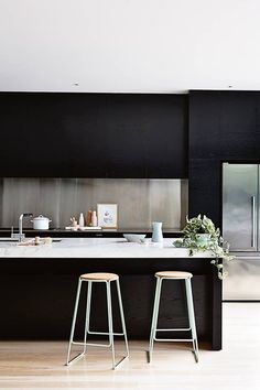 two stools are in front of the kitchen island