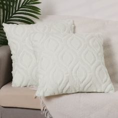 two white pillows sitting on top of a couch next to a potted palm tree