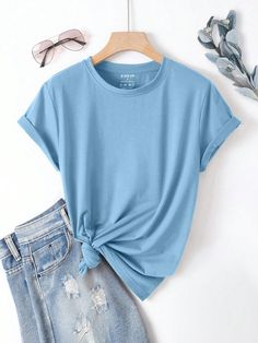 Women's Summer Solid Color Round Neck Casual Short Sleeve T-Shirt Baby Blue Casual  Short Sleeve Fabric Plain  Slight Stretch Summer Women Clothing, size features are:Bust: ,Length: ,Sleeve Length: Character Board, Long Sleeve Tops Casual, Round Neck Tees, Blue T Shirt, Loose Tops, Cropped Pants, Colorful Leggings, Women Clothes Sale, All Fashion