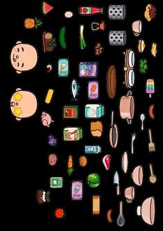 a black background with many different items in the shape of a baby's head