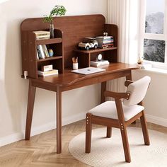 a wooden desk with a book shelf and chair next to it in front of a window