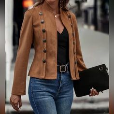 Solid Double Breasted Button Decor Jacket, Vintage Long Sleeve Outwear For Spring & Fall, Women's Clothing. Military Style High End, Luxury, Chic, Elegant, Blazer, Blouse, Louboutin, Suede, Burberry, Gold, Gucci, Casual, Louis Vuitton, Coats, Fendi, Attire, Maxi Dress, Poplin, Dress, Wide Leg Pants, Crop Top, Lace, Suede, Military, Gold, Pearl, Clutch, Designer, Blazer, Lady Jacket, Palazzo, Premium, J.Crew, Cardigan, Banana Republic, Cartier, Scarves, Crossbody Bags,Gg Belt, Gg, Double Ring, Di Suede Fashion, Casual Vest, Long Sleeves Coats, Double Breasted Jacket, Long Sleeves Jacket, Suede Jacket, Short Jacket, Casual Jacket, Vest Jacket