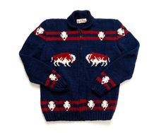 This ultra kitschy Cowichan-style Buffalo sweater is based on a vintage knitting pattern from the 1950s, popularized by famed knitware company Mary Maxim. We brought it back to life, because who wouldn't want to step out with bright red and white bulls in classic Cowichan styling charging across their chest? Your sweater will be made to order. Please allow 6-8 weeks for your custom made to order sweater to ship. Please note that this is a NEW sweater, NOT a vintage sweater. That makes it the ide Cowichan Sweater Pattern, Western Knit Sweater, Horse Sweater Knitting Pattern, 1960s Sweater, Cowichan Sweater, Mary Maxim, Handmade Sweater, Beautiful Sweater, Vintage Knitting Patterns