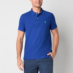 This U.S. Polo Assn. men's short-sleeve polo shirt is the perfect staple for all your sporting and leisure activities. Cut from cotton-pique in a classic-fit, this shirt has a classic spread collar and button closure, complete with the brand's logo embroidered at the front. Team it with shorts or jeans. Features: Embroidered, Uv Protection, Moisture Wicking, Roll Resistant Collar, Stretch Fabric, Quick DryClosure Type: ButtonFit: Classic FitNeckline: Collar NeckSleeve Length: Short SleeveFiber C Blue Polo Shirt With Spread Collar, Casual Blue Polo Shirt With Spread Collar, Blue Fitted Polo Shirt With Spread Collar, Leisure Activities, Large Shirts, Embroidered Shirt, Short Sleeve Polo, Mens Polo Shirts, Logo Embroidered