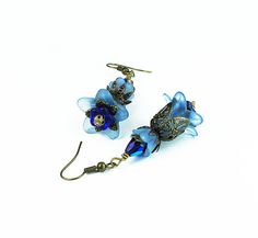 Anina, Vintage Inspired Flower Earrings, Blue Lucite, Crystal & Brass Filigree Nickel-free Blue Flower Earrings For Wedding, Vintage Blue Flower Earrings, Nickel-free, Blue Vintage Flower Earrings Nickel-free, Vintage Blue Flower Earrings Nickel Free, Bohemian Blue Nickel-free Flower Earrings, Vintage Blue Flower Drop Earrings, Blue Vintage Flower Drop Earrings, Vintage Blue Handmade Flower Earrings, Blue Bohemian Flower-shaped Earrings