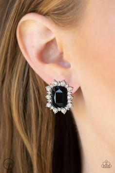 A border of glassy white rhinestones spin around a regal emerald-cut black rhinestone center for a refined look. Earring attaches to a standard clip-on fitting.

Sold as one pair of clip-on earrings. Trendy Fringe, Colorful Frames, Pink Peacock, Faceted Gems, Prime Time, Paparazzi Accessories, White Rhinestone, Red Rhinestone, Black Earrings