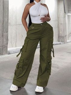 Army Green Casual Collar  Woven Fabric Plain Cargo Pants Embellished Non-Stretch  Women Clothing Casual Cheap Cargo Jeans With Belt Loops, Cheap Urban Pants With Patch Pockets, Affordable Wide Leg Cargo Pants With Contrast Stitching, Cheap Cargo Jeans With Pockets, Straight Leg, Trendy Cheap Bottoms With Patch Pockets, Trendy Cheap Summer Cargo Pants, Cheap Khaki Cargo Jeans, Cheap Utility Cargo Jeans With Hip Pockets, Cheap Blue Fitted Cargo Pants