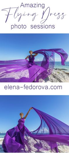 a woman in a purple dress on the beach with text overlaying it reading amazing flying dresses photo session