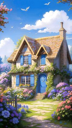 a painting of a house surrounded by flowers