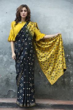 Shop for I am Design Black Ikat Print Saree With Blouse for Women Online at Aza Fashions Ombre Saree, Sarees Black, Yellow Ombre, Saree For Women, Black Ombre, Black Saree, Silk Ikat, Ikat Print, Stylish Sarees