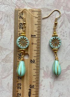 Gold Teardrop Earrings With Round Beads For Gifts, Green Beaded Pierced Earrings, Gold Round Beads Flower Earrings As Gift, Gold Flower Earrings With Round Beads For Gift, Boho Tassel Keychain, Czech Beads Jewelry, Mint Green Earrings, Pastel Jewelry, Czech Glass Jewelry