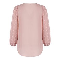 Pink V Neck Chiffon Long Sleeve Blouse Chiffon Blouse With Sheer Sleeves For Spring, Chic Chiffon Tops With Sheer Sleeves, Flowy Solid Chiffon Blouse, Flowy Long Sleeve Chiffon Blouse, Spring Chiffon Blouson Sleeve Top, Spring Chiffon Top With Blouson Sleeves, Pink Chiffon Blouse For Fall, Chic Pink Blouse With Sheer Sleeves, Sheer Chiffon Tops For Work