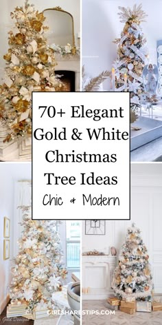 white christmas tree decorated with gold and silver ornaments, surrounded by other photos that include the words 70 + elegant gold & white christmas tree ideas