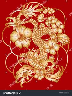 golden dragon and flowers on red background