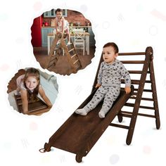 a child is sitting on a wooden slide and another photo has been cut out to make it look like they are having fun