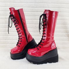 4 1/2" (114mm) Wedge Platform Mid-Calf Boot Side Zip Closure Cushioned Foot-Bed Us Woman's Sizes 6-12 Red High-top Platform Boots For Party, Edgy Red Platform Boots With Round Toe, Red Punk Platform Boots, Rocker Style Platform Boots For Party, Red Punk Platform Boots With Round Toe, Punk Style Party Wedge Boots With Platform, Punk Style Platform Wedge Boots For Party, Red Platform Boots For Streetwear, Rave Boots