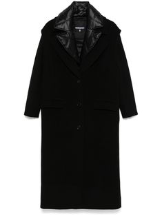 black wool blend cloth front button fastening layered design padded panels notched lapels long sleeves two front flap pockets full lining straight hem long length Cloth Coat, Yoko London, Layered Design, Oversized Coat, Green Coat, Coat Black, Exclusive Fashion, Ski Wear, Layers Design