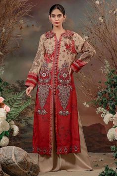 Shamaeel Ansari ED D3 Luxury Pret 2021 Red Cambric Lawn Suit With Naqshi Detailing, Traditional Long Sleeve Anarkali Set With Printed Motifs, Festive Anarkali Set With Printed Motifs And Long Sleeves, Festive Long Sleeve Anarkali Set With Printed Motifs, Traditional Naqshi Palazzo Set For Designer Wear, Traditional Palazzo Set With Naqshi For Designer Wear, Semi-stitched Naqshi Palazzo Set With Straight Kurta, Naqshi Jamawar Straight Kurta Set, Festive Semi-stitched Palazzo Set With Naqshi