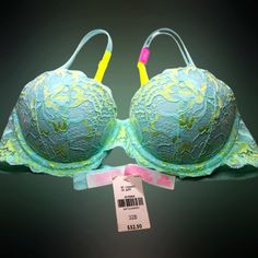 Pink Victoria Secret Women's Bra. Size 32b. New With Tag. Color Is Mint Green, Yellow, And Pink. Green Summer Push-up Bra, Summer Green Push-up Bra, Green Push-up Bra For Summer, Green Stretch Bra For Spring, Spring Green Stretch Bra, Yellow Fitted Bra For Spring, Fitted Yellow Bra For Spring, Sleep Wear, Yellow And Pink