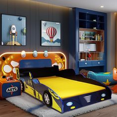 a child's bedroom with cars and hot air balloons