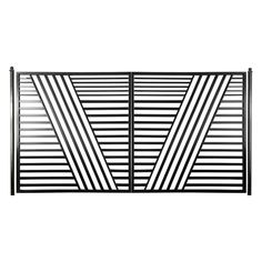 a black and white photo of an iron gate with vertical lines on the sides, against a white background