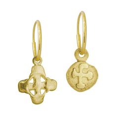 Bestowing good luck upon the wearer, this is a classic, yet edgy mismatched earring combination to be worn layered in one ear or in two. Our 18k Gold Tiny Signature Cross and Tiny Marina Coin are some of the earliest design to come out of Brevard studio in 1979. Timeless classics. This listing is for a MISMATCHED PAIR of earrings: one Gold Tiny Signature Cross Earring - Earring is approximately 7/8" in length (including hoop) one Gold Tiny Marina Coin Earring - Earring is approximately 3/4" in l Cross Earring, Hoop Charms, Coin Earrings, Mismatched Earrings, Cross Earrings, Single Earring, Gold Charm, Stone Earrings, Charm Earrings