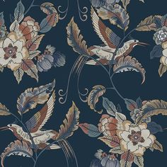 a floral wallpaper pattern with birds and flowers on dark blue background, suitable for use in home decor