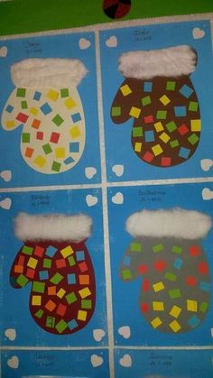 four different colored paper mitts with snow on them