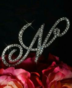 a diamond monogrammed cake topper on a pink rose in front of a black background