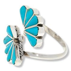 Chaco Canyon Campitos Turquoise Sterling Silver Floral Bypass Ring  Desert blooms inspire the meticulously handcrafted design that makes this turquoise piece a fresh take on the bypass ring. A beauty on its own and styled with stackers and other rings.         Approx. 15/16"L x 3/4"W x 1/8"H; shank 1/16"W     Stamped .925 sterling silver; polished, oxidized finish      Textured detail; handcrafted     Designed and Crafted in the USA   Stone Information       All sizes and weights approximate Chaco Canyon, Ireland Fashion, Summer Romance, Backpack Charm, Bypass Ring, Luggage Backpack, Luggage Sets, Swimwear Cover, Turquoise Sterling Silver